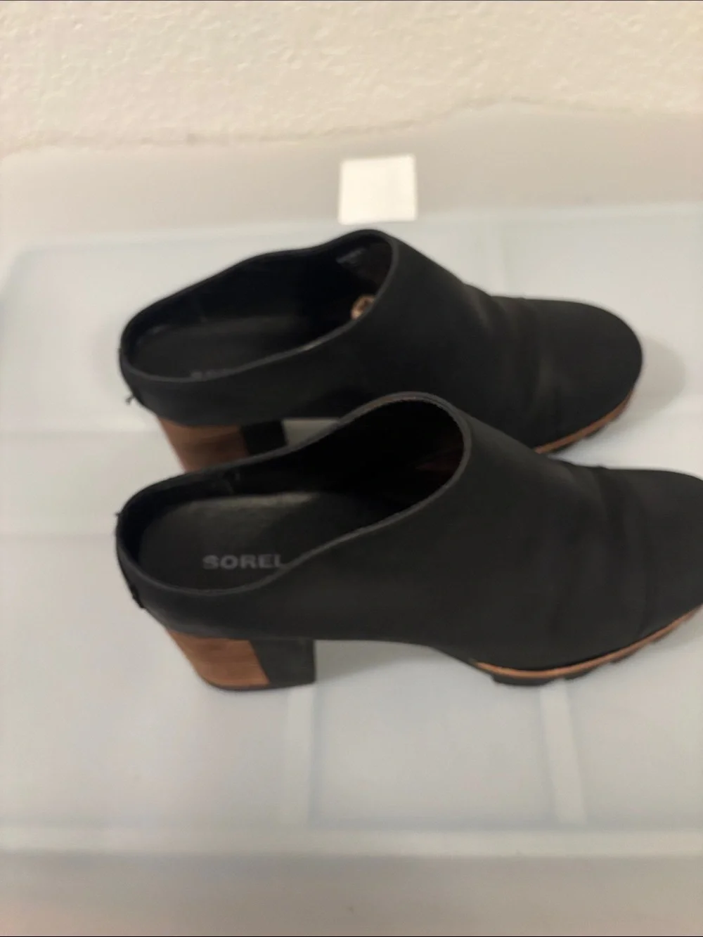 Sorel Black Addington Mule boots SZ 8.5 stacked heel slip on waterproof leather - Picture 5 of 12